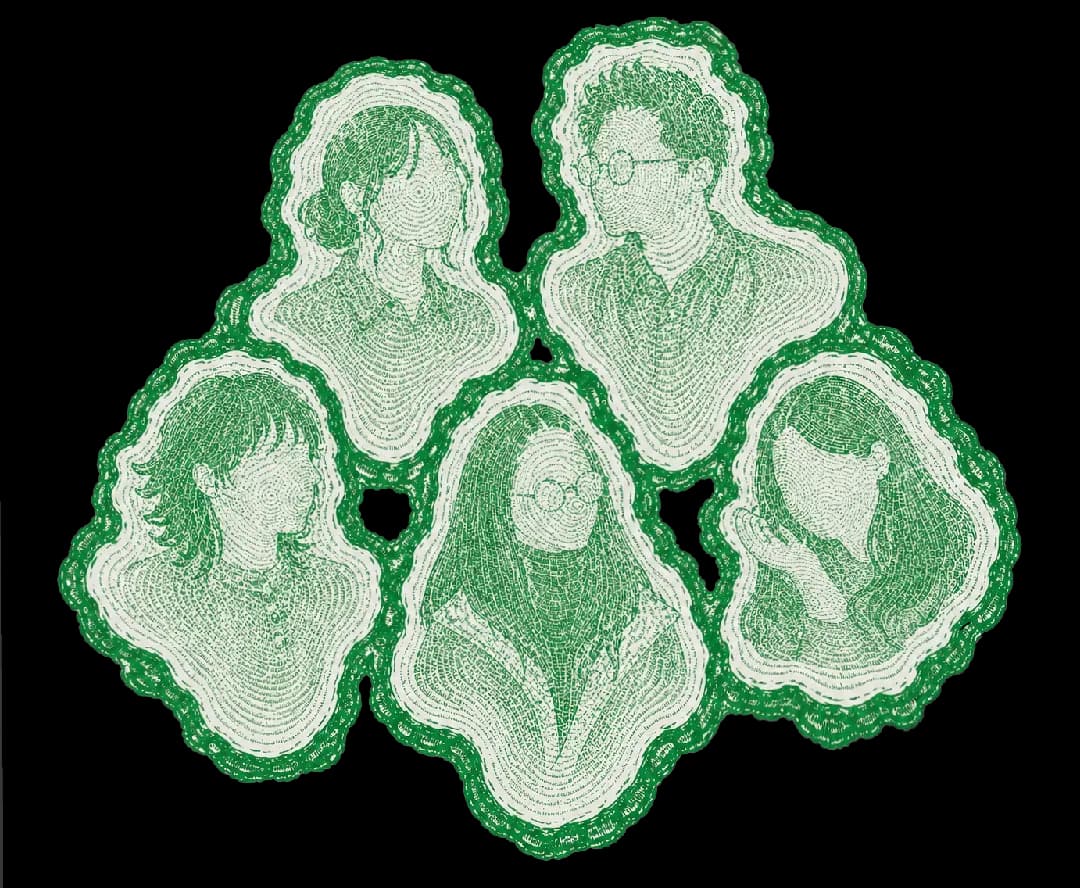 Arbocurists illustration — five people rendered as tree rings